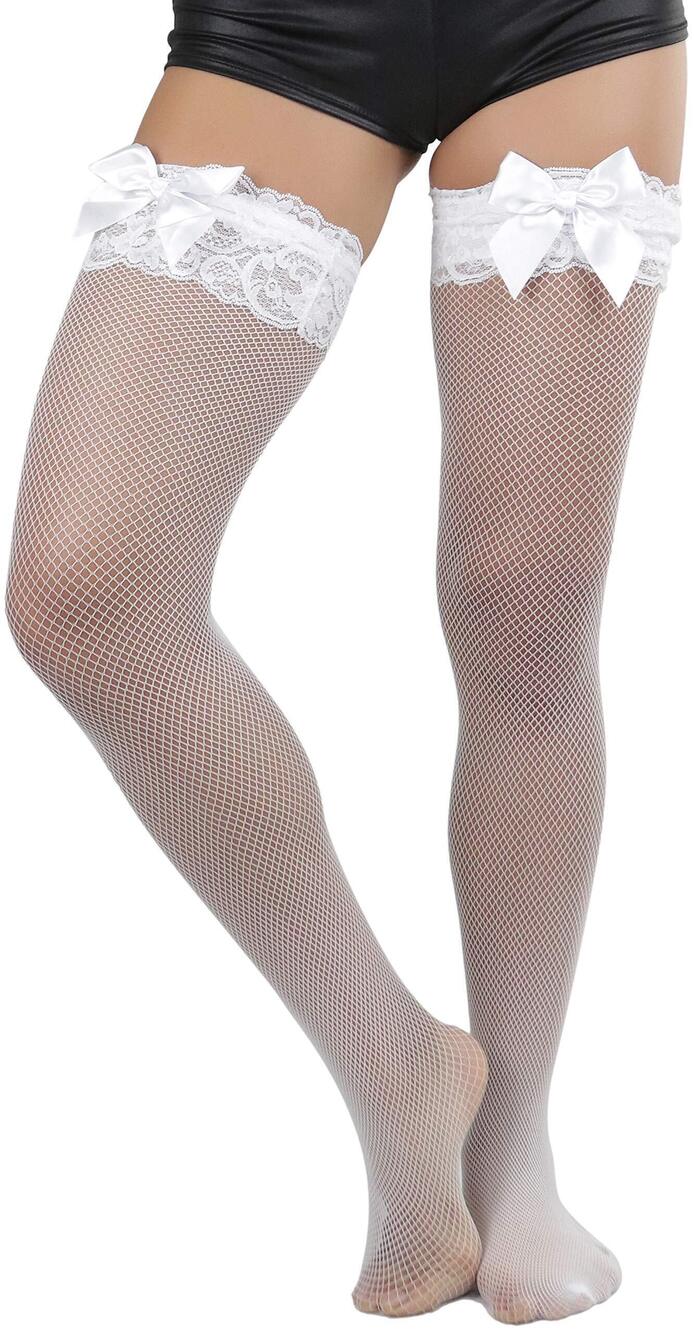 9705 Elegant Lace Top Fishnet Thigh Highs - White - OS